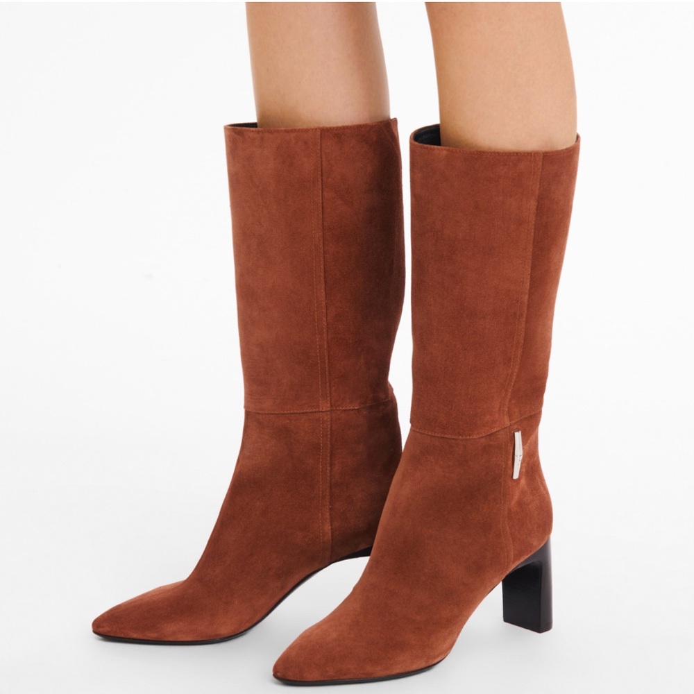Longchamp -women’s Roseau Heeled boots Mahogany suede leather Bamboo logo 38/7.5
